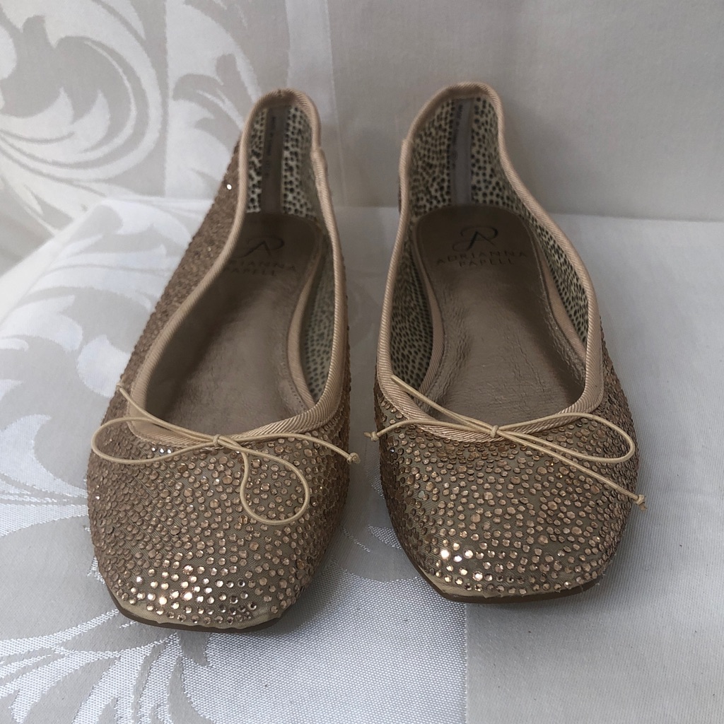 Adriana Papel Rhinestone-Embellished Ballerina Flats, Bow Champaign 7.5